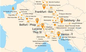 Bản đồ lịch trình Tour Châu Âu 11N10Đ: HCM - Đức - Áo - Ý - Thuỵ Sĩ - Pháp - Làng Hallstatt