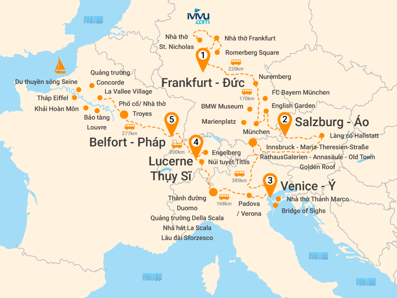 Bản đồ Tour Châu Âu 11N10Đ: Đức - Áo - Ý - Thuỵ Sỹ - Pháp