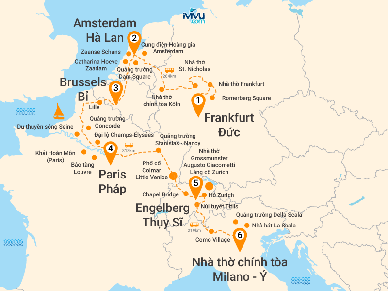 Bản đồ Tour Châu Âu 9N8Đ: Khám Phá Đức - Hà Lan - Bỉ - Pháp - Thụy Sỹ