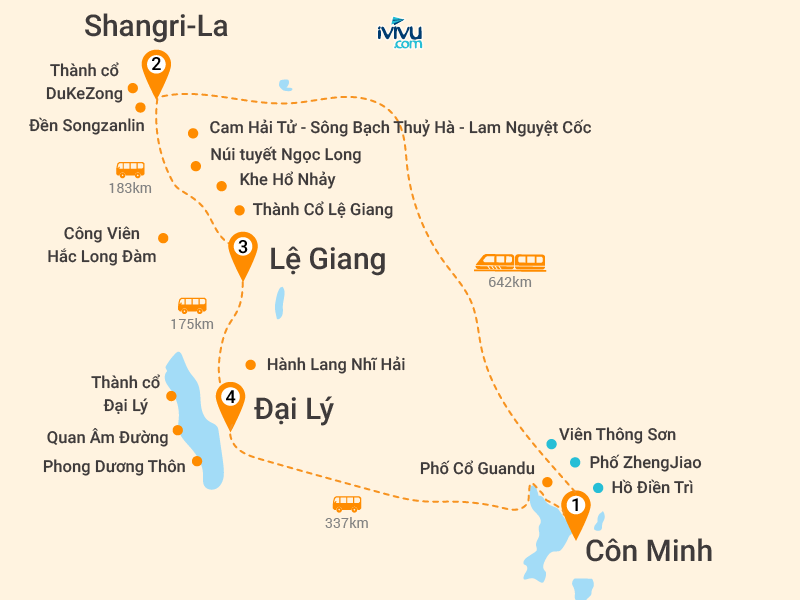 Bản đồ Tour Trung Quốc 6N5Đ: HCM - Côn Minh - Đại Lý - Shangrila - Lệ Giang - No Shopping