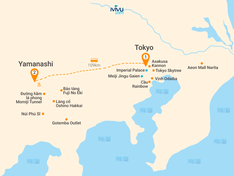 Bản đồ Tour Nhật Bản 4N4Đ: Tokyo - Phú Sĩ - Vịnh Odaiba - Narita