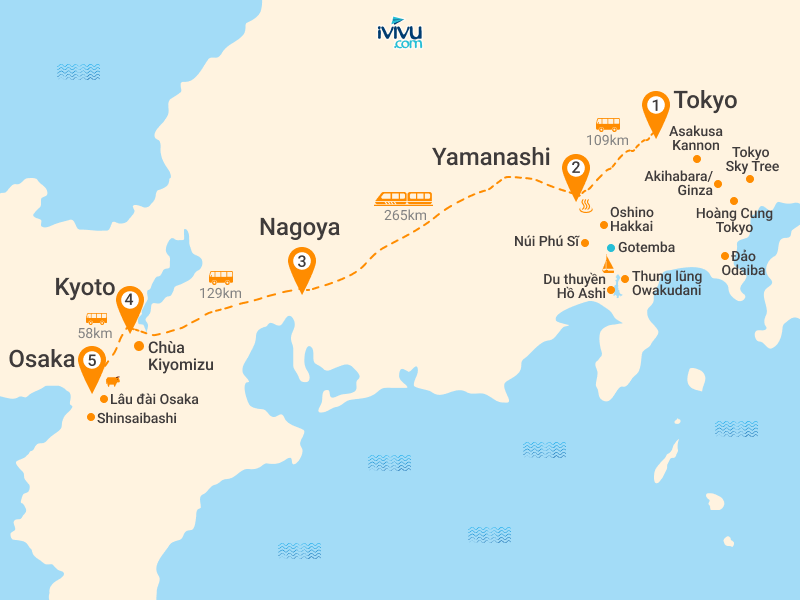 Bản đồ Tour Nhật Bản Mùa Thu 6N5Đ: Tokyo - Hakone - Yamanashi - Núi Phú Sĩ - Nagoya - Osaka