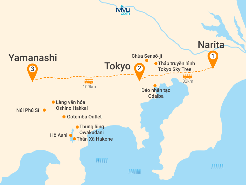 Bản đồ Tour Nhật Bản 5N5Đ: HCM - Osaka - Kyoto - Yamanashi - Tokyo