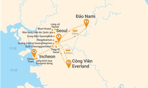 Bản đồ lịch trình Tour Hàn Quốc 5N4Đ: HCM - Seoul - Đảo Nami - Công Viên Everland