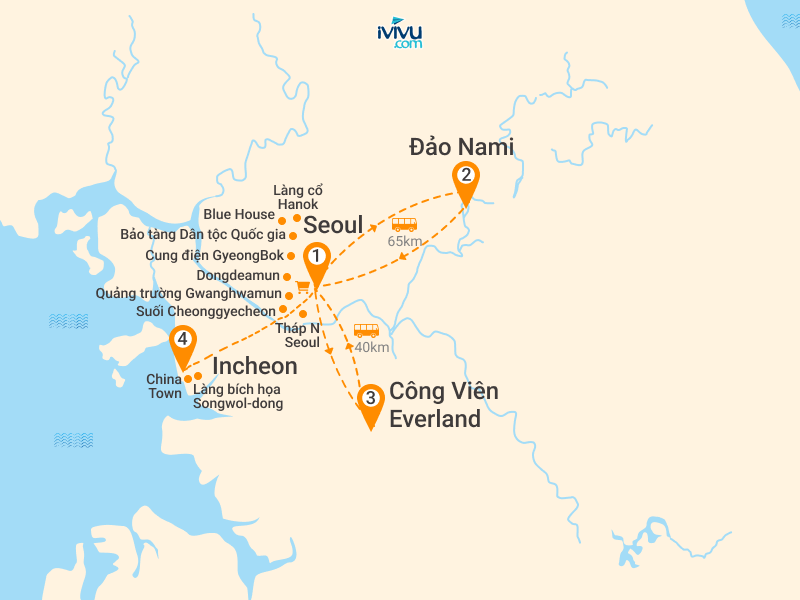 Bản đồ Tour Hàn Quốc 5N4Đ: HCM - Seoul - Nami - Lotte World - Trượt Tuyết Elysian