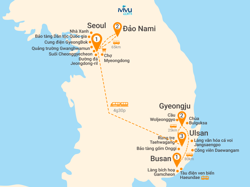 Bản đồ Tour Tết Hàn Quốc 6N5Đ: HCM - Busan - Seoul - Gyeongju - Ulsan - Trượt Tuyết Elysian Gangchon