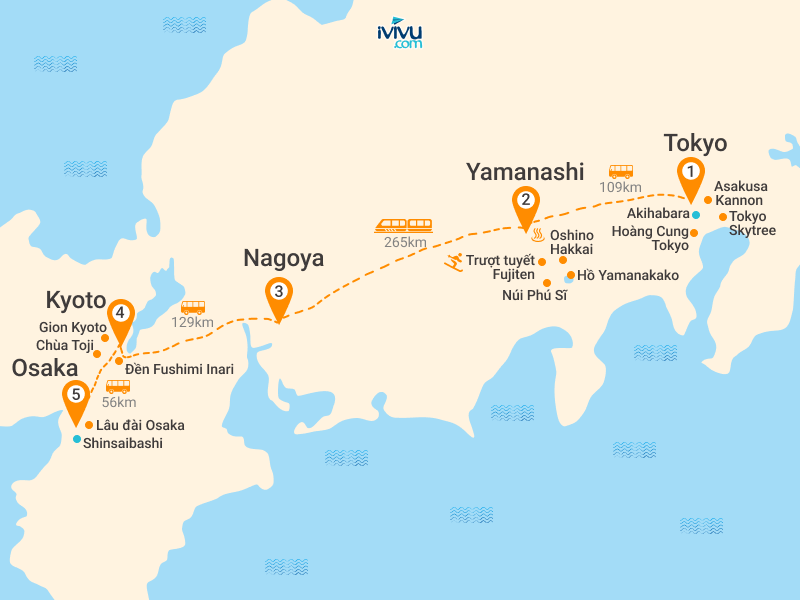Bản đồ Tour Tết Nhật Bản 6N5Đ: Hà Nội - Tokyo - Núi Phú Sĩ - Kyoto - Osaka - Trượt Tuyết Fujiten