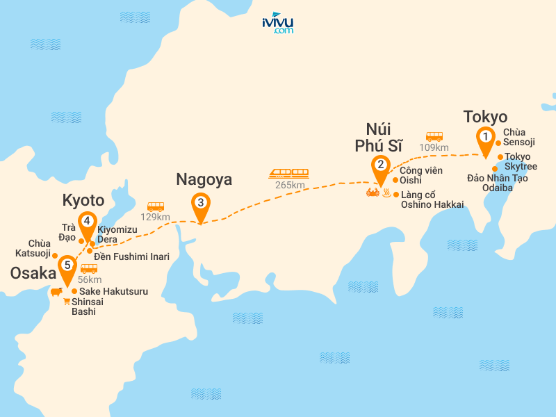 Bản đồ Tour Nhật Bản 6N5Đ: Tokyo - Núi Phú Sĩ - Kyoto - Osaka - Chùa Katsuoji