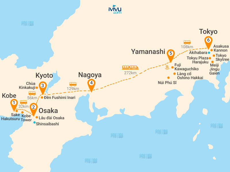 Bản đồ Tour Nhật Bản 6N5Đ: Hà Nội - Osaka - Kobe - Kyoto - Núi Phú Sĩ - Chùa Kinkakuji