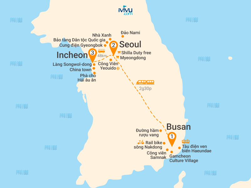 Bản đồ Tour Hàn Quốc 6N5Đ: Hà Nội - Busan - Gyeongju - Seoul - Ngắm Hoa Anh Đào