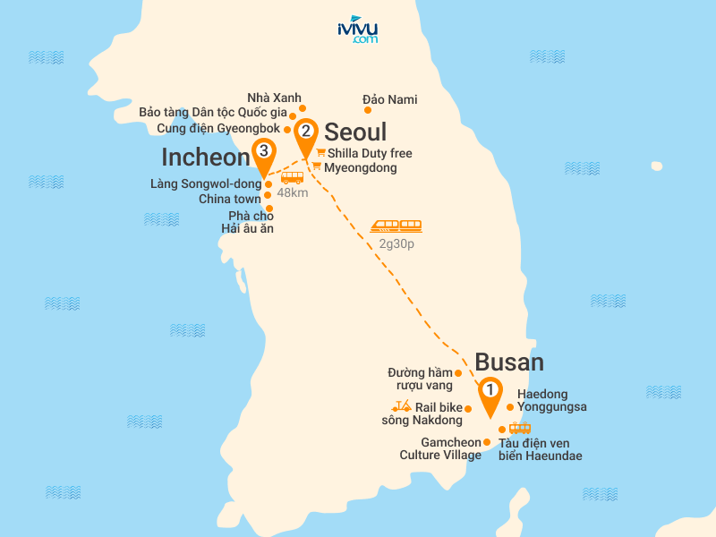 Bản đồ Tour Hàn Quốc 6N5Đ: Hà Nội - Busan - Seoul - Đảo Nami - Incheon Mùa Thu