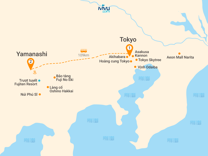 Bản đồ Tour Tết Nhật Bản 4N4Đ: HCM - Tokyo - Yamanashi - Fuji - Narita