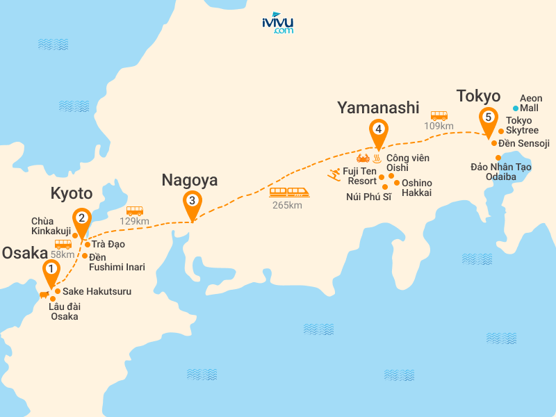 Bản đồ Tour Nhật Bản 6N5Đ: Osaka - Kyoto - Nagoya - Núi Phú Sĩ - Tokyo Tết Ta