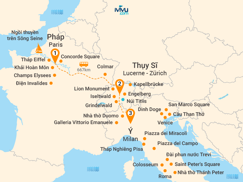 Bản đồ Tour Tết Ta Châu Âu 3 Nước 10N9Đ: Pháp - Thụy Sĩ - Ý