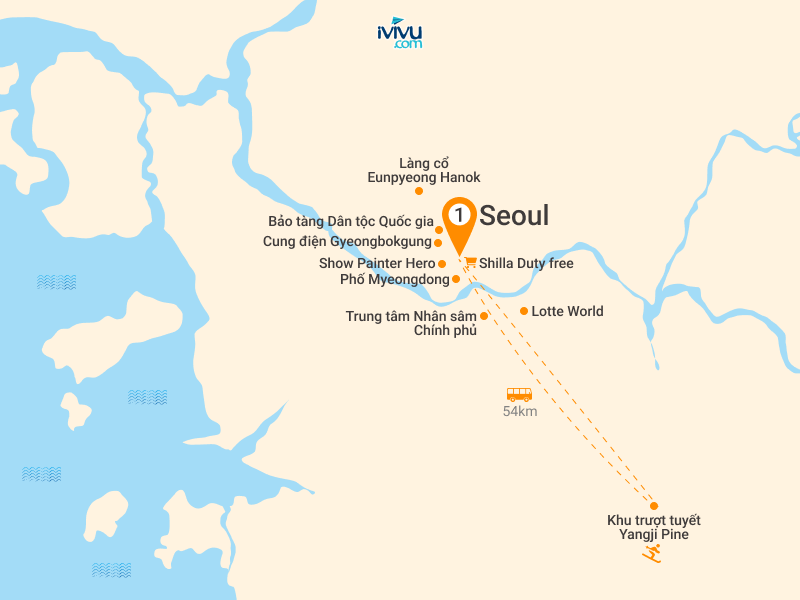 Bản đồ Tour Tết Hàn Quốc 5N4Đ: HCM - Công Viên Lotte World - Trượt Tuyết Yangji Pine