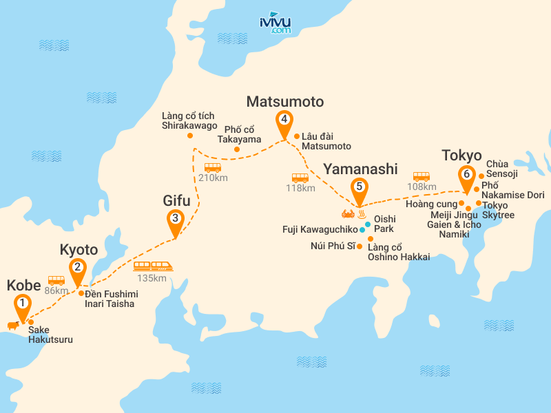 Bản đồ Tour Nhật Bản 6N5Đ: HCM - Kansai - Osaka - Matsumoto - Tokyo - Làng Cổ Shirakawago - Trượt tuyết Fujiten