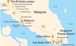 Bản đồ lịch trình Tour Singapore - Malaysia 4N3Đ: HCM - Kuala Lumpur - Malacca - Gardens By The Bay