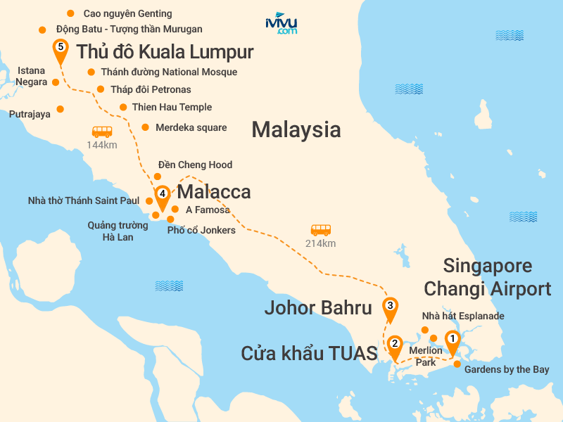 Bản đồ Tour Singapore - Malaysia 4N3Đ: HCM - Kuala Lumpur - Malacca - Singapore