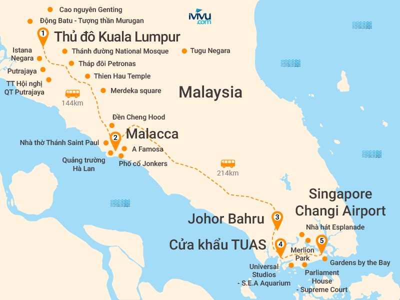 Bản đồ Tour Singapore - Malaysia 5N4Đ: Một Hành Trình Hai Quốc Gia