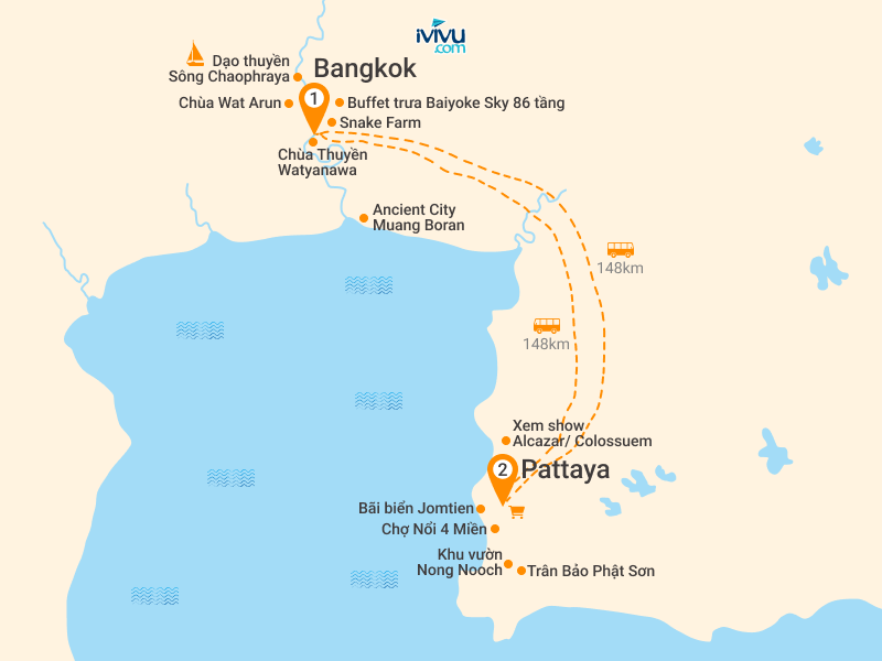 Bản đồ Tour Tết Thái Lan 5N4Đ: Hà Nội - Bangkok - Pattaya - Bãi Biển Jomtien - Vườn Nong Nooch
