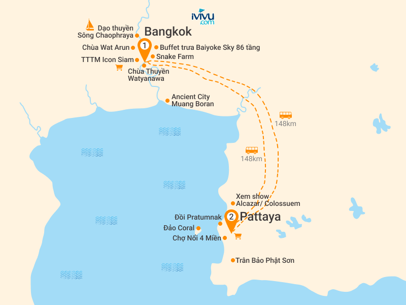 Bản đồ Tour Tết Thái Lan 5N4Đ: Hà Nội - Bangkok - Pattaya - Đảo Coral - Show Alcazar - Baiyoke Sky