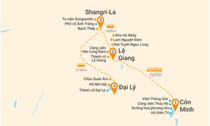 Bản đồ lịch trình Tour Trung Quốc 6N5Đ: HCM - Đại Lý - Lệ Giang - Shangrila - Côn Minh - No Shopping