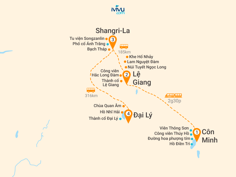 Bản đồ Tour Trung Quốc 6N5Đ: HCM - Đại Lý - Lệ Giang - Shangrila - Côn Minh Đi Đến Nơi Có Gió
