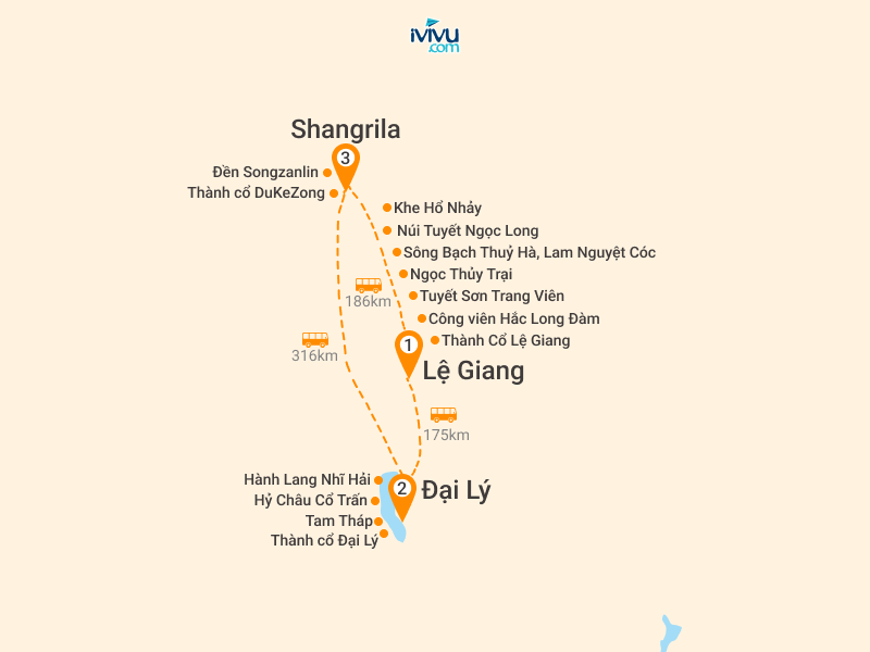 Bản đồ Tour Trung Quốc 6N5Đ: HCM - Đại Lý - Lệ Giang - Shangrila - No Shopping