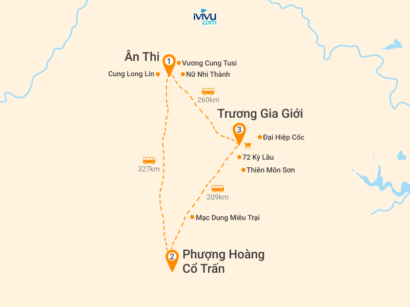 Bản đồ Tour Trung Quốc 6N5Đ: HCM - Ân Thi - Phượng Hoàng Cổ Trấn - Trương Gia Giới - Thiên Môn Sơn - Miêu Trại