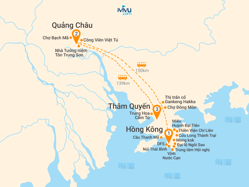 Bản đồ Tour Hồng Kông 5N4Đ: HCM - Quảng Châu - Thẩm Quyến