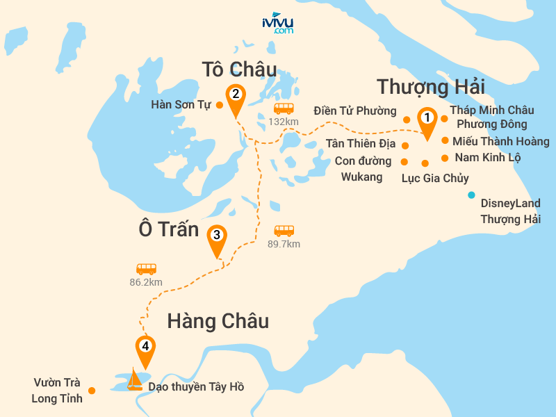 Bản đồ Tour Trung Quốc 5N4Đ: HCM - Thượng Hải - Ô Trấn - Tô Châu - Hàng Châu - Disneyland (option)