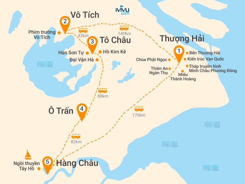 Bản đồ Tour Trung Quốc 5N4Đ: Thượng Hải - Vô Tích - Ô Trấn - Hàng Châu - Tây Hồ