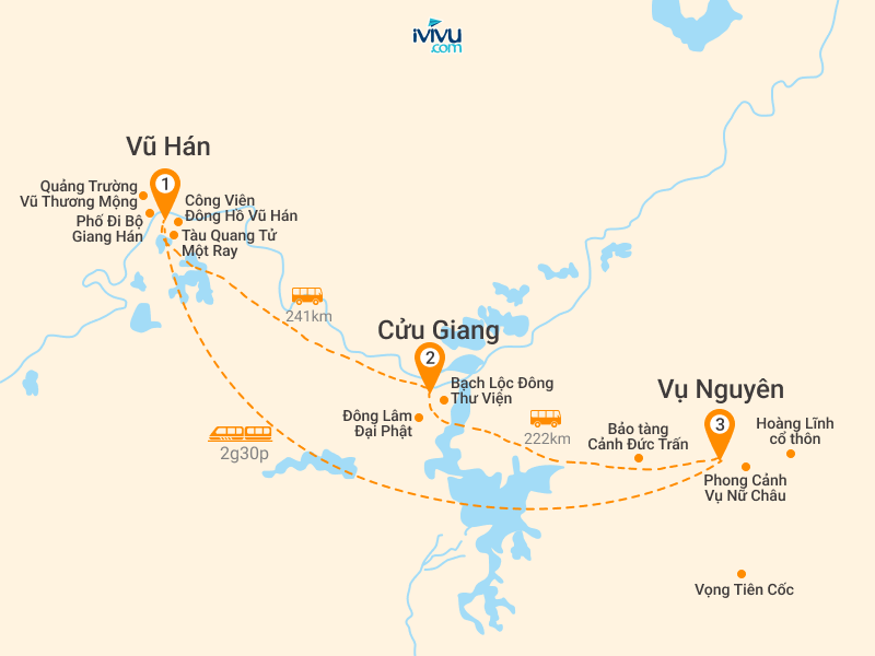 Bản đồ Tour Trung Quốc 5N5Đ: HCM - Vũ Hán - Giang Tây - Vụ Nguyên - Vọng Tiên Cốc - No Shopping