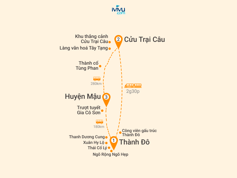 Bản đồ Tour Trung Quốc 6N5Đ: Hà Nội - Thành Đô - Cửu Trại Câu - Trượt Tuyết Gia Cô Sơn