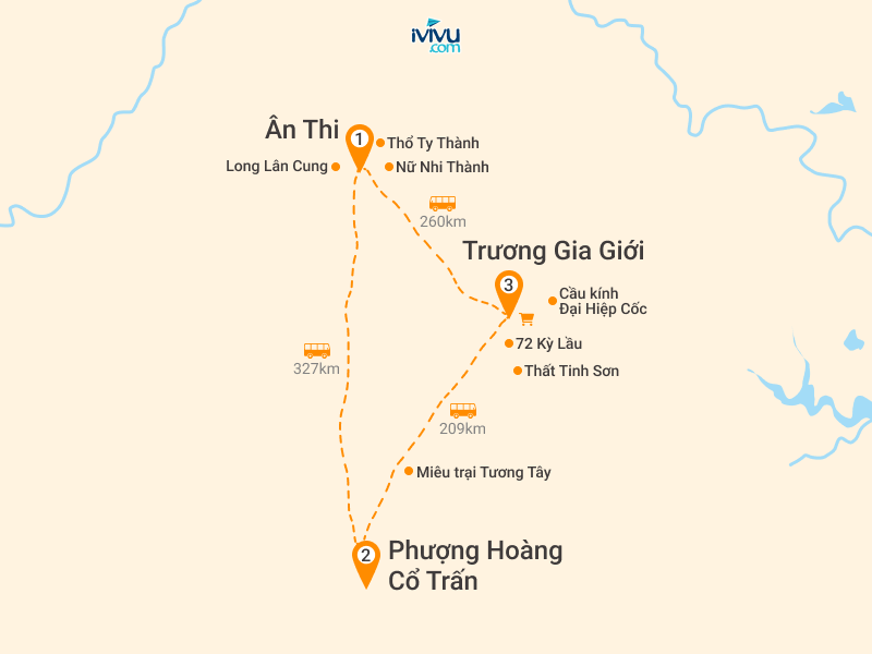 Bản đồ Tour Trung Quốc 6N5Đ: Hà Nội - Ân Thi - Trương Gia Giới - Phượng Hoàng Cổ Trấn