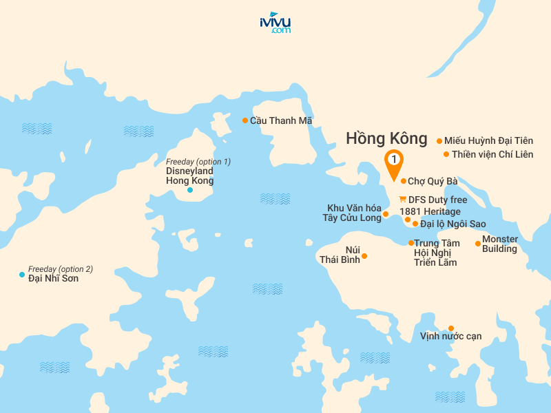 Bản đồ Tour Hồng Kông 4N3Đ: HCM - Vịnh Nước Cạn - Monster Building - Trải Nghiệm Disneyland (Option)