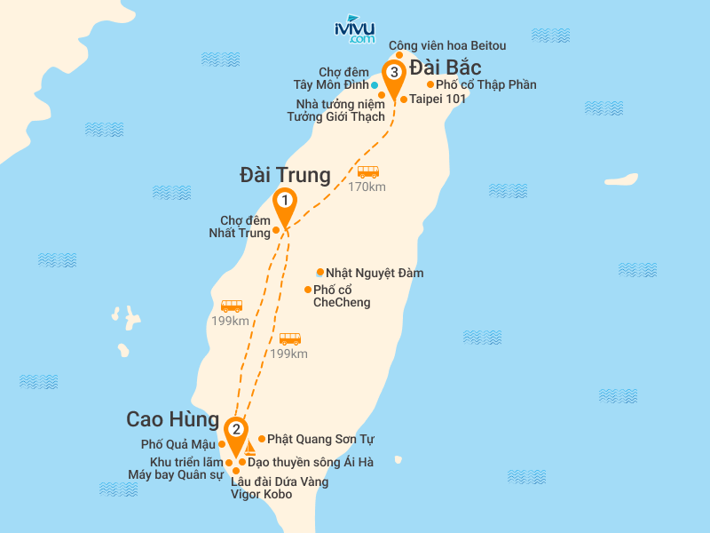 Bản đồ Tour Đài Loan 5N4Đ: HCM - Đài Trung - Cao Hùng - Đài Bắc - Phật Quang Sơn Tự - Triển Lãm Máy Bay