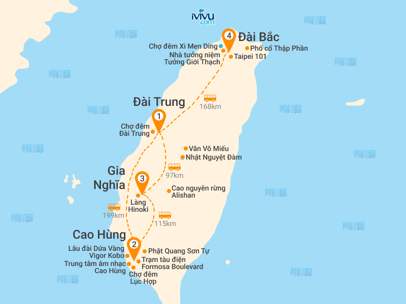 Bản đồ Tour Đài Loan 5N4Đ: HCM - Đài Trung - Cao Hùng - Đài Bắc - Alishan