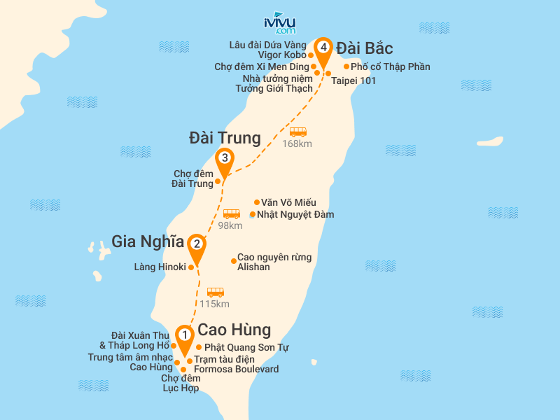 Bản đồ Tour Đài Loan 5N4Đ: HCM - Cao Hùng - Đài Trung - Đài Bắc - Cao Nguyên Rừng Alishan