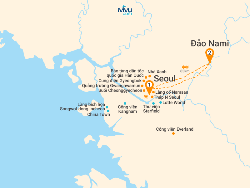 Bản đồ Tour Hàn Quốc 5N4Đ: HCM - Seoul - Cảnh Phúc Cung - Đảo Nami