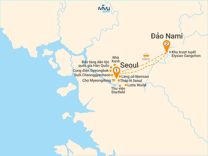 Bản đồ Tour Hàn Quốc 5N4Đ: HCM - Seoul - Đảo Nami - Lotte World - Trượt Tuyết Elysian