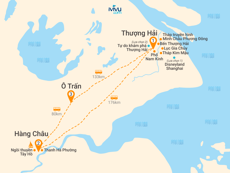 Bản đồ Tour Trung Quốc 5N4Đ: Hà Nội - Thượng Hải - Ô Trấn - Hàng Châu - Freeday - No Shopping