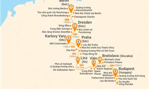 Bản đồ lịch trình Tour Châu Âu 10N9Đ: Hà Nội - Đức - Séc - Áo - Slovakia - Hungary