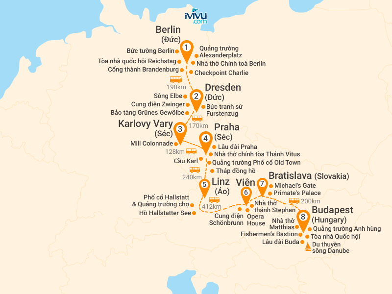 Bản đồ Tour Châu Âu 10N9Đ: Hà Nội - Đức - Séc - Áo - Slovakia - Hungary