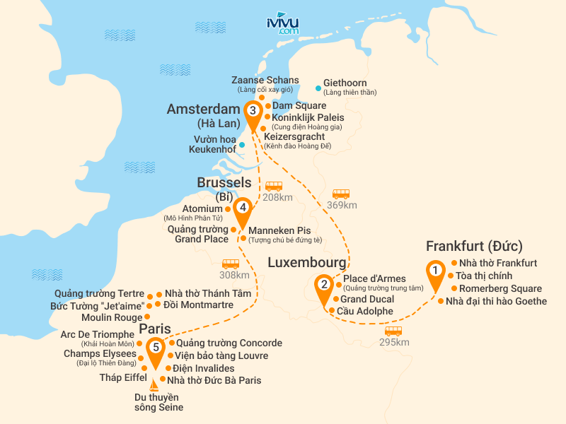 Bản đồ Tour Châu Âu 5 Nước 10N9Đ: Đức - Luxembourg - Hà Lan - Bỉ - Pháp