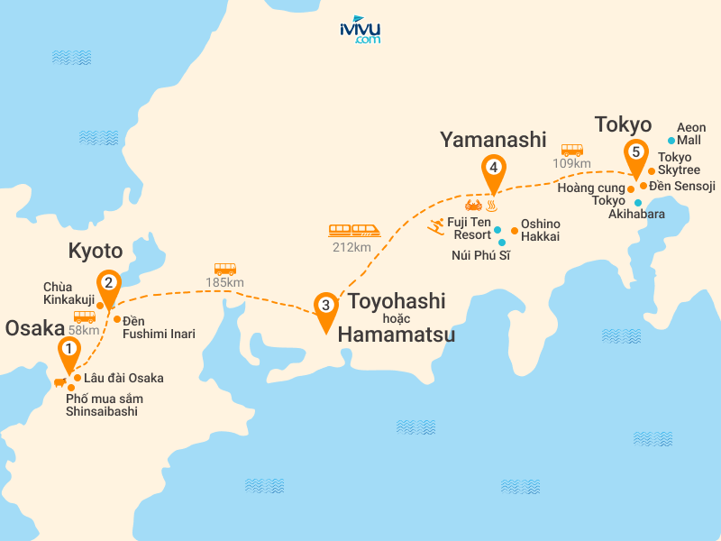 Bản đồ Tour Nhật Bản 5N5Đ: HCM - Osaka - Kyoto - Núi Phú Sĩ - Tokyo