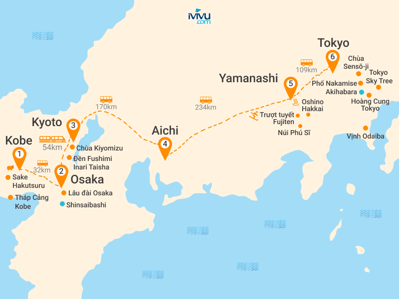 Bản đồ Tour Nhật Bản 6N5Đ: Hà Nội - Osaka - Kyoto - Phú Sĩ - Tokyo - Trượt Tuyết Fujiten
