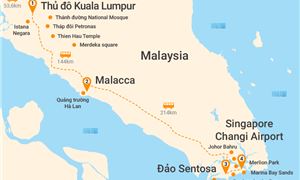 Bản đồ lịch trình Tour Malaysia - Singapore 5N4Đ: Hà Nội - Malaysia - Cao Nguyên Genting - Singapore