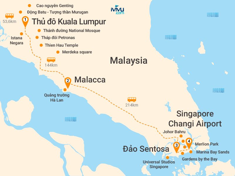 Bản đồ Tour Malaysia - Singapore 5N4Đ: Hà Nội - Malaysia - Cao Nguyên Genting - Singapore