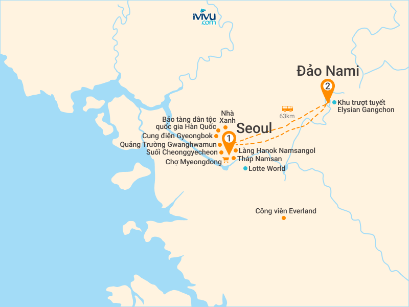 Bản đồ Tour Hàn Quốc 5N4Đ: HCM Seoul - Đảo Nami - Công Viên Everland - Trượt Tuyết Elysian